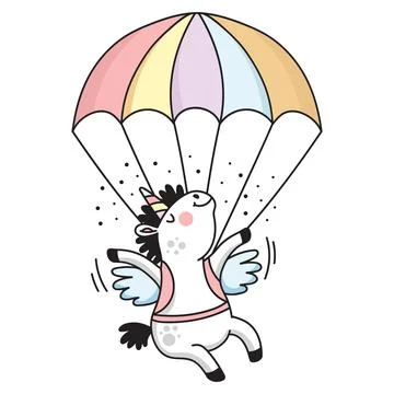 Cute parachuting unicorn colored vector doodle illustration Illustrazione stock