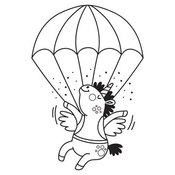 Cute parachuting unicorn coloring vector doodle illustration Illustrazione stock