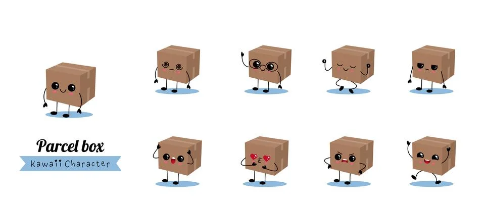 Cute parcel boxes with various expressions Illustrazione stock