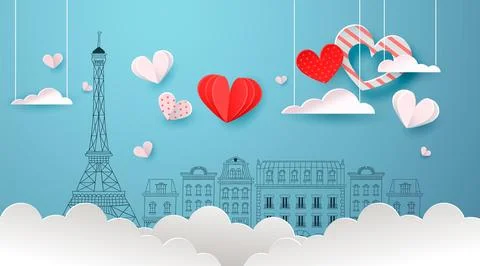 Cute paris doodle background red paper cut heart Stock Illustration
