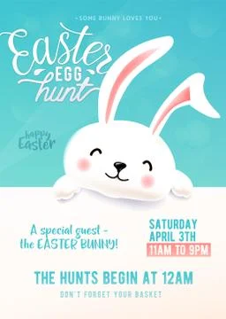 Cute party poster for Easter Egg Hunt with funny easter bunny Stock Illustration