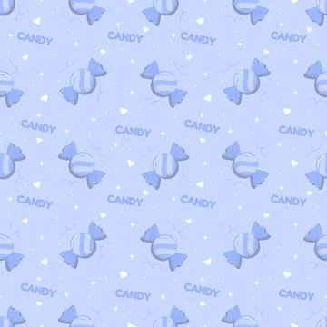 Cute Pastel Blue Candy Seamless Pattern with Hearts and Stars Stock Illustration