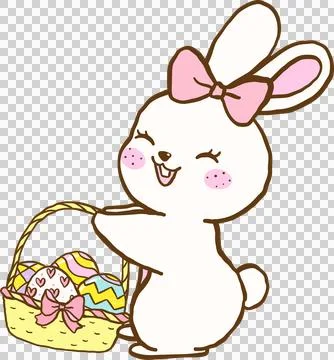 Cute Pastel Bunny with Easter Eggs Basket Cartoon Hand Drawn Stock Illustration