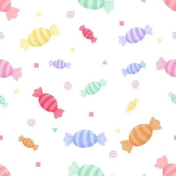 Cute Pastel Candy Seamless Pattern with Sweet Colorful Wrapped Candies and .. Illustrazione stock