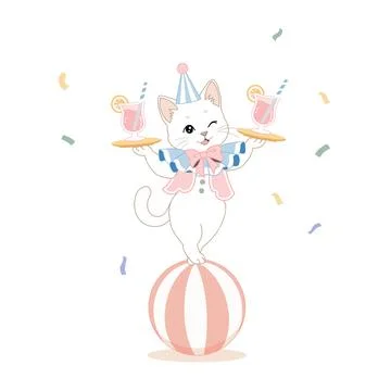Cute pastel circus cat balancing on ball serving drinks cartoon Stock Illustration