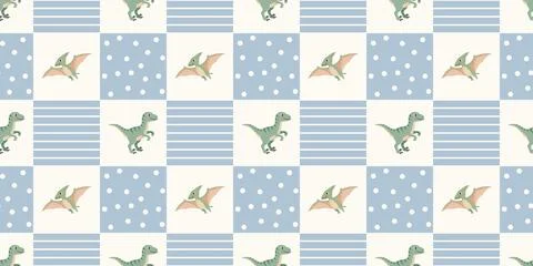 Cute pastel dinosaur pattern with green tyrannosaurus and flying pterodactyl on Stock Illustration