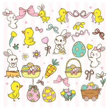 Cute Pastel Happy Easter Elements clipart bundle set, Bunny and Chicken Cut.. Stock Illustration