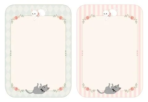 Cute pastel kitten frame template in a cozy floral style for stationery notes Stock-Illustration