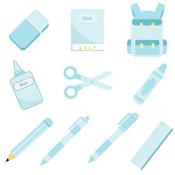 Cute pastel light blue school supplies vector set isolated on white backgroun 库存插图