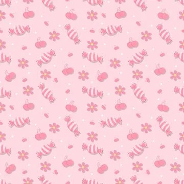 Cute Pastel Pink Candy Cherry and Flower Seamless Pattern with Polka Dots Stock-Illustration