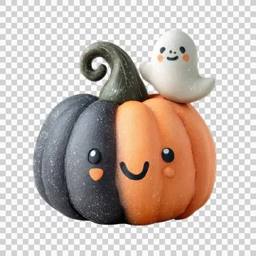 Cute pastel pumpkin with a friendly face and a ghost on a transparent backg.. Stock Illustration