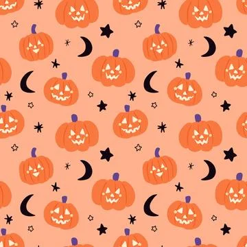 Cute Pastel Pumpkin Pattern with Moon and Stars Stock Illustration