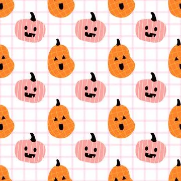 Cute pastel pumpkin seamless pattern, kawaii halloween background, pink and Stock Illustration