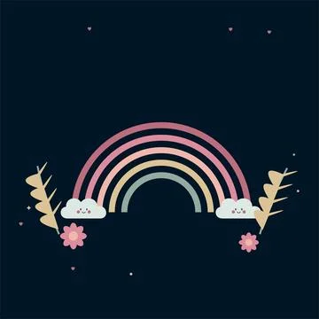 Cute pastel rainbow with smiling clouds and floral accents on a dark blue b.. Stock-Illustration