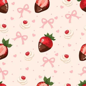 Cute pastel seamless pattern with chocolate strawberries and pink bows Illustrazione stock