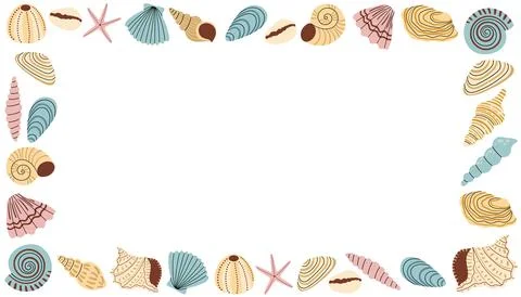 Cute pastel seashell rectangle frame in flat cartoon style. Stock Illustration