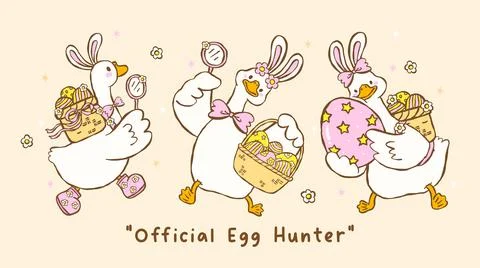 Cute pastel silly easter goose bunny ear carrying egg basket cartoon cottag.. イラスト素材
