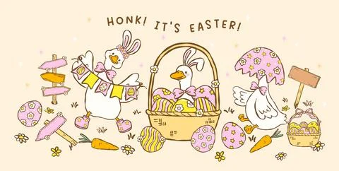Cute pastel silly easter goose bunny ear celebrating with eggs cartoon cott.. イラスト素材