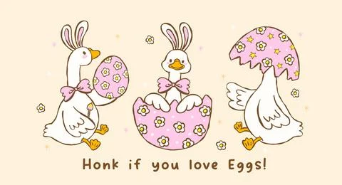 Cute pastel silly easter goose bunny ear sitting in broken egg cartoon cott.. 스톡 일러스트