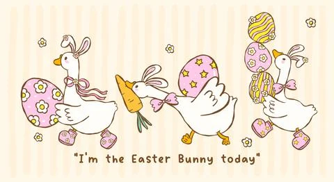 Cute pastel silly easter goose bunny ear running with eggs cartoon cottage .. イラスト素材