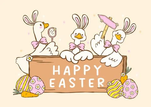 Cute pastel silly easter goose bunny ear with wood board sign cartoon cotta.. Stock Illustration
