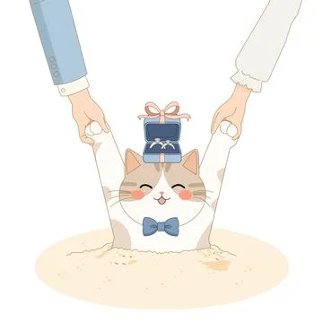 Cute pastel wedding proposal with cat holding rings Stock Illustration