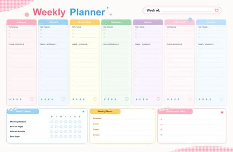 Cute pastel weekly planner desk pad template with habit tracker meal menu Stock Illustration