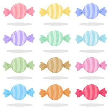 Cute Pastel Wrapped Candy Set with Colorful Sweet Candies Collection Isolat.. Ilustração Stock