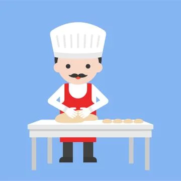 Cute pastry chef making bread dough from flour on table, flat design Stock Illustration