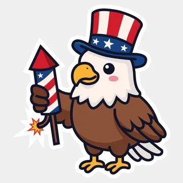 Cute patriotic bald eagle sticker, vector cartoon character Stock Illustration