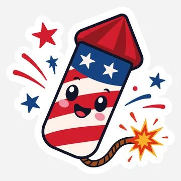 Cute patriotic firework rocket sticker, vector cartoon character Иллюстрация