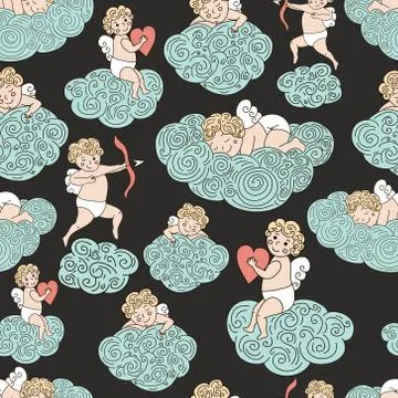 Cute pattern with angels on clouds. HAnd drawn sleeping angel, angel with h.. Stock Illustration