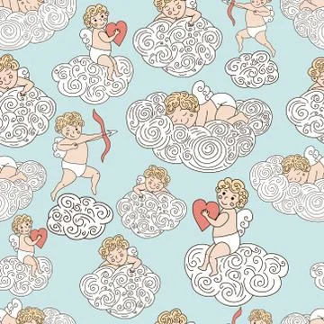 Cute pattern with angels on clouds. HAnd drawn sleeping angel, angel with h.. Stock Illustration