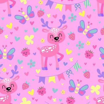 Cute pattern with animals. Baby deer, butterfly and flowers cartoon illustrat Stock Illustration