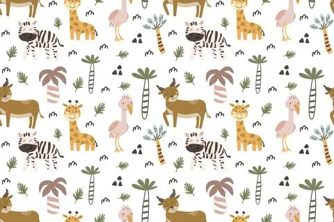 Cute pattern with baby jungle animals in scandinavian childish style Stock Illustration