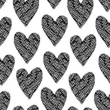 Cute pattern with black hand drawn textured hearts Stock Illustration