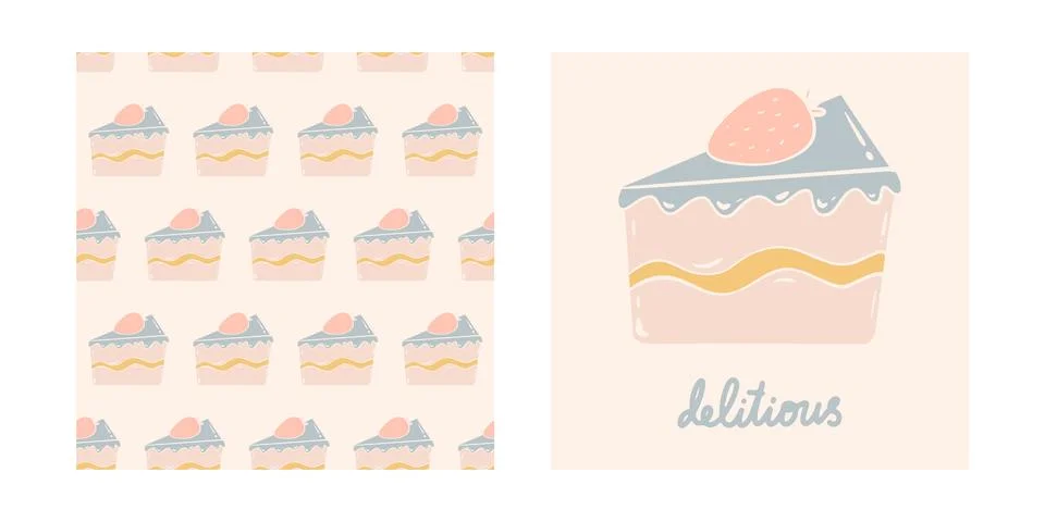 Cute pattern with cake, greeting card. Stock Illustration