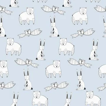 Cute pattern with cartoon bear, rabbit and owl Stock Illustration