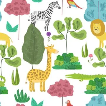 Cute pattern with cartoon jungle animals in forest Illustrazione stock