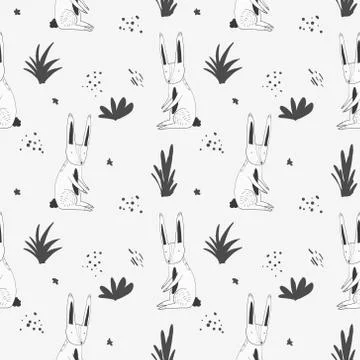 Cute pattern with cartoon rabbits and grass Stock Illustration