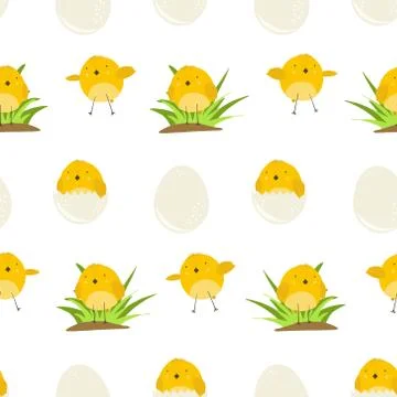 Cute pattern with cartoon yellow chickens Stock Illustration