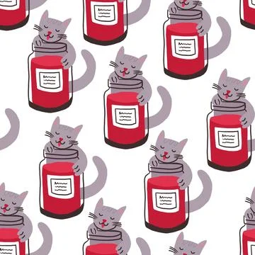 Cute pattern with the cat eating jam from the jar on white. Cute children Stock Illustration