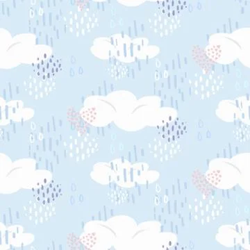 Cute pattern with clouds and hearts on blue sky Stockillustratie