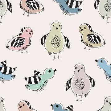 Cute pattern with colorful hand drawn doodle birds Stock Illustration