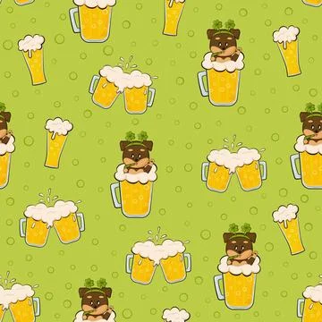 Cute pattern with dog and beer on green background for St Patricks Day part.. Stock Illustration