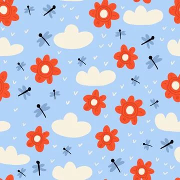 Cute pattern with dragonflies, red flowers, clouds on light blue. Spring insects Stock Illustration