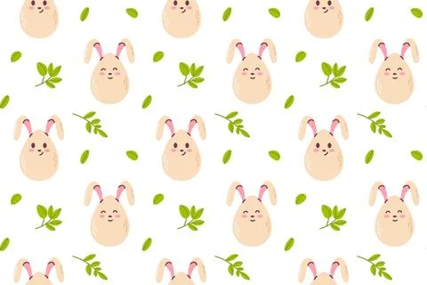 A cute pattern featuring round bunny faces and green leaves Stock Illustration