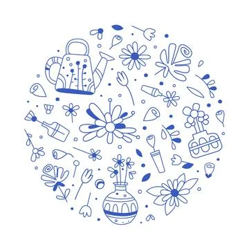 Cute pattern of flowers and vases in circular shape. Abstract floral background Stock Illustration