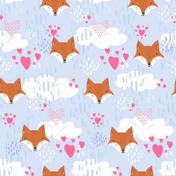Cute pattern with fox heads and hearts in sky Stock Illustration
