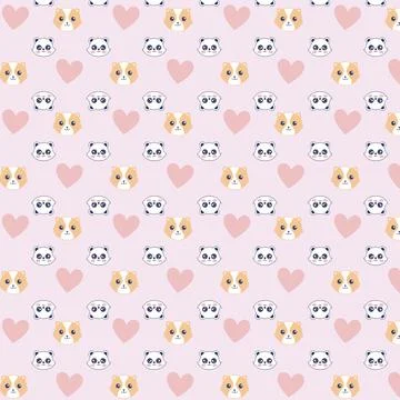 Cute Pattern with Guinea Pig and Panda Faces, Pink Hearts Stock Illustration